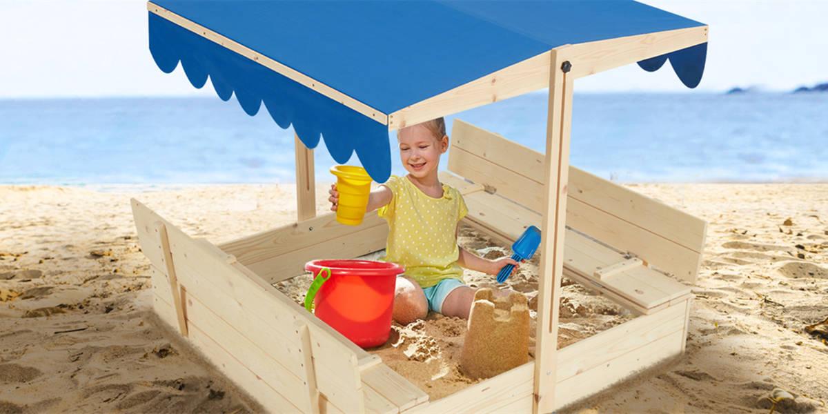 43.7" x 43.7" Solid Wood Square Kids Sandbox with Convertible Canopy Cover, Outdoor Wooden Sandbox with UV-Resistant Roof for Backyard Play