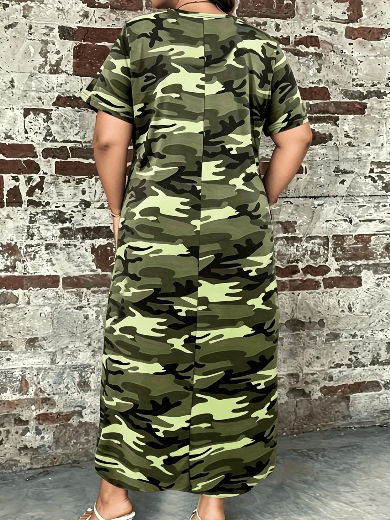 Plus Size Camouflage Print Maxi Dress, Short Sleeve, V Neck, Loose Fit, Curvy Casual Wear, Tummy Hiding, Summer, Pockets