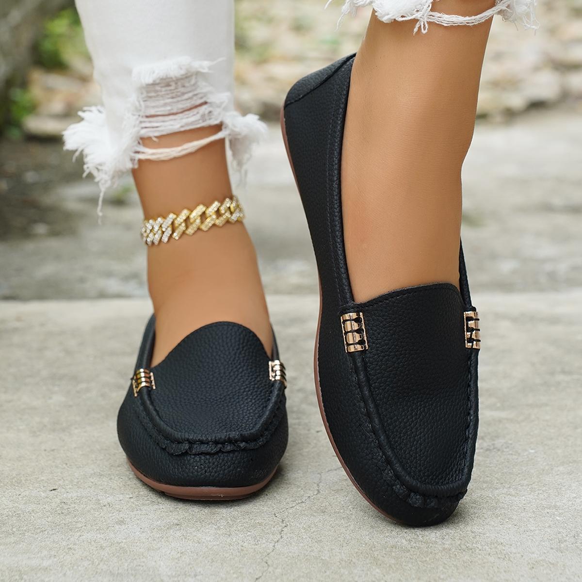 Women's Classic Plain Low Heel Shoes, Fashionable and Sexy, High-End Slant Metal Chain Decoration, Comfortable Casual Loafers, Slip On Shoes