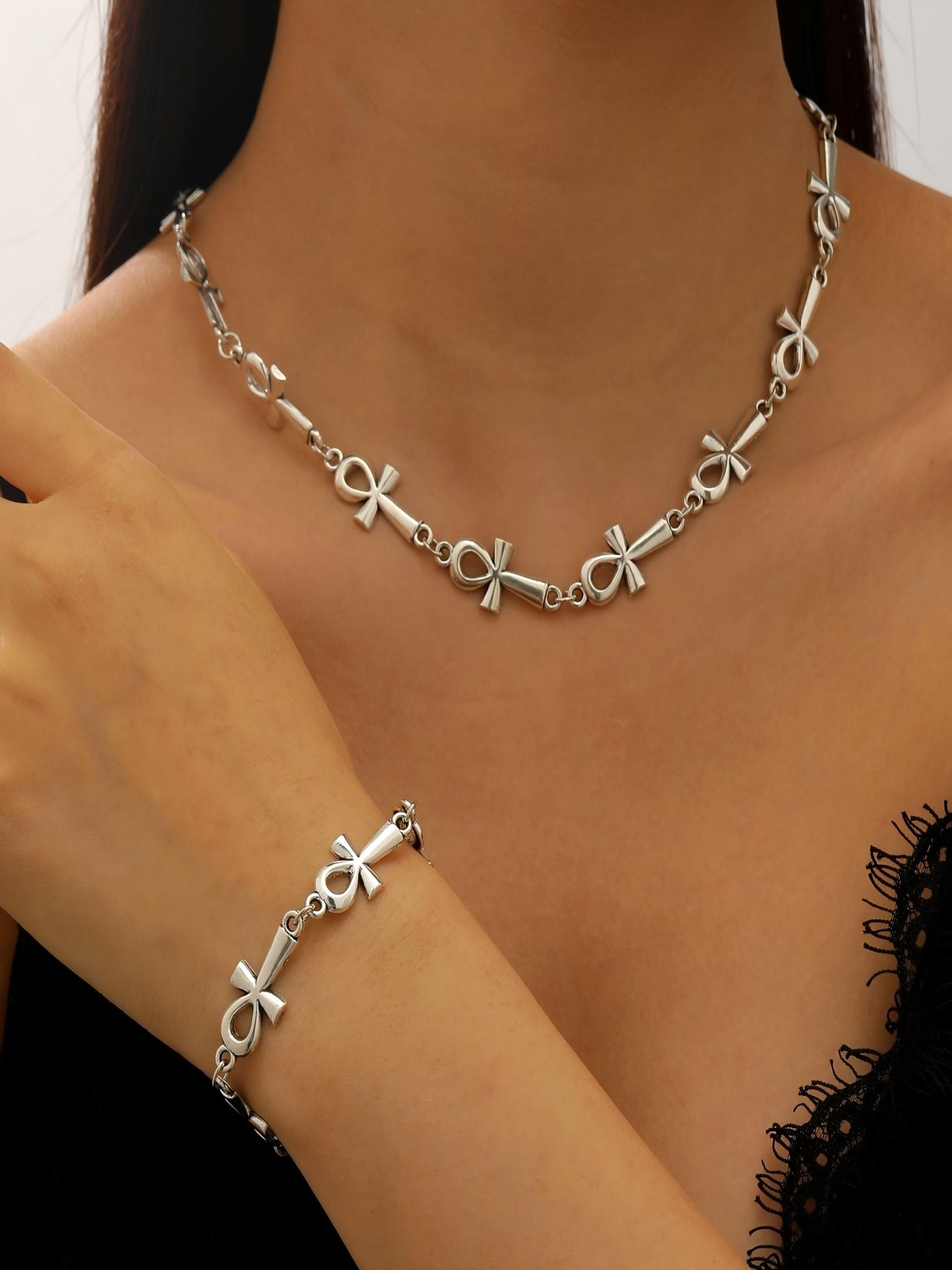 Anka Cross Necklace Bracelet Set, Alloy Hip Hop Retro Unisex Daily Wear, Lifeforce Symbol, Fade-Resistant, Adjustable, Trendy Street Style