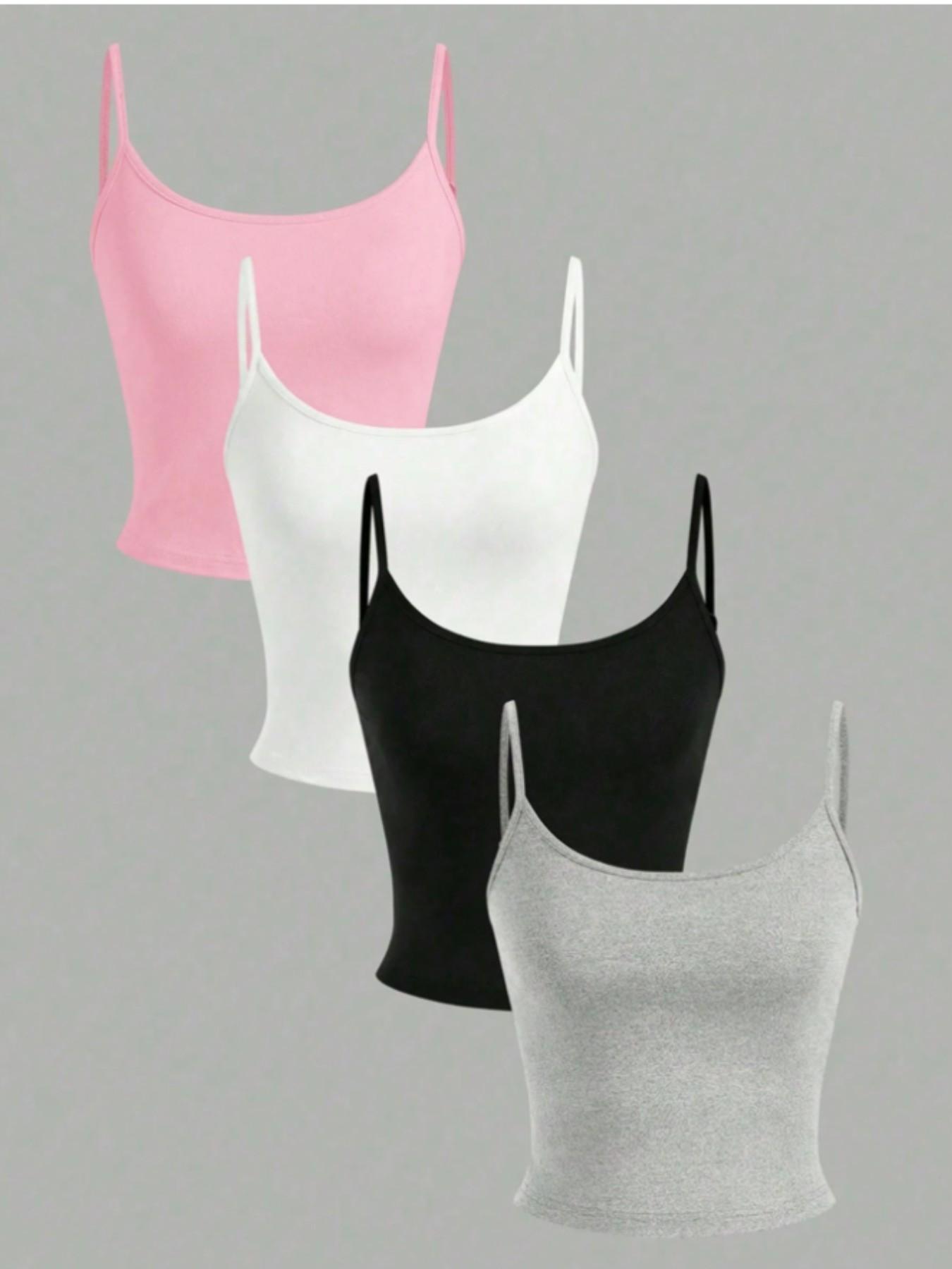 Women's Basic Solid Color Thin Strap Tank Top Set of 4, Slim Fit Short Waist Show off Inner Layer, Y2K Style, Comfortable Knit Fabric