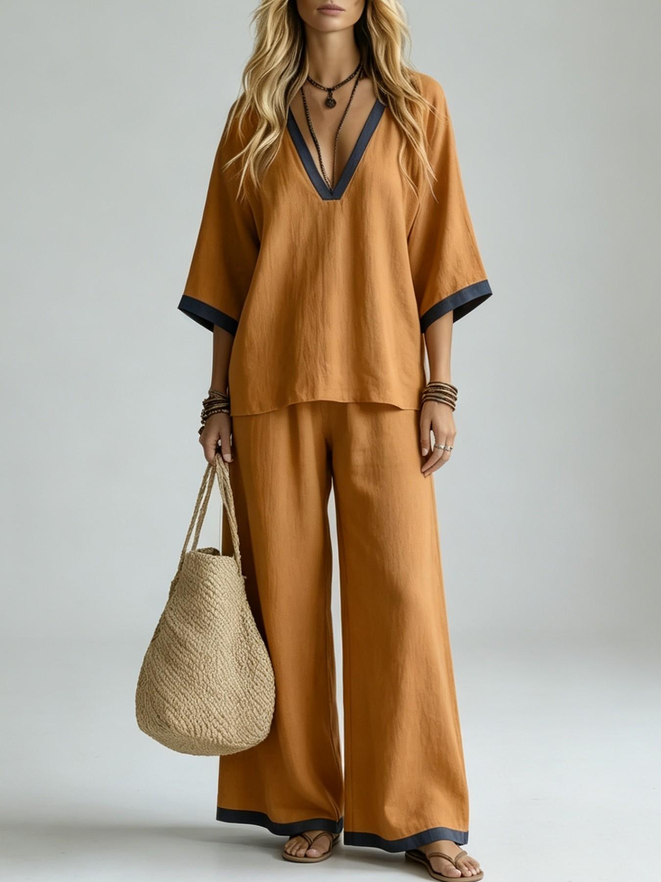2026 Summer Women's Solid Color Two Piece Set, V Neck Half Sleeve Top, Loose Fit Long Pants, Casual Daily Streetwear, Co-Ord, Outfit