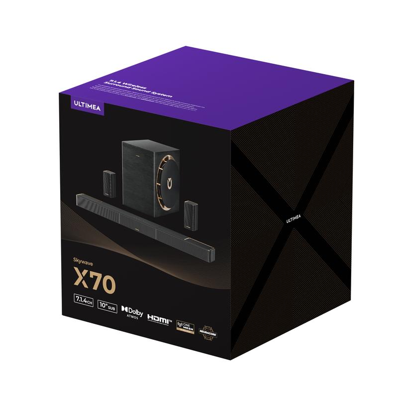 Limited Sale-ULTIMEA Skywave X70 7.1.4ch Professional Wireless Surround Sound System for TV, Dolby Atmos, Home Theater, 980W Sound Bar with 10" Wireless Subwoofer, Powerful Bass, 20Hz Low Frequency, 4K HDR Pass-Through, Bluetooth and APP Control Audio