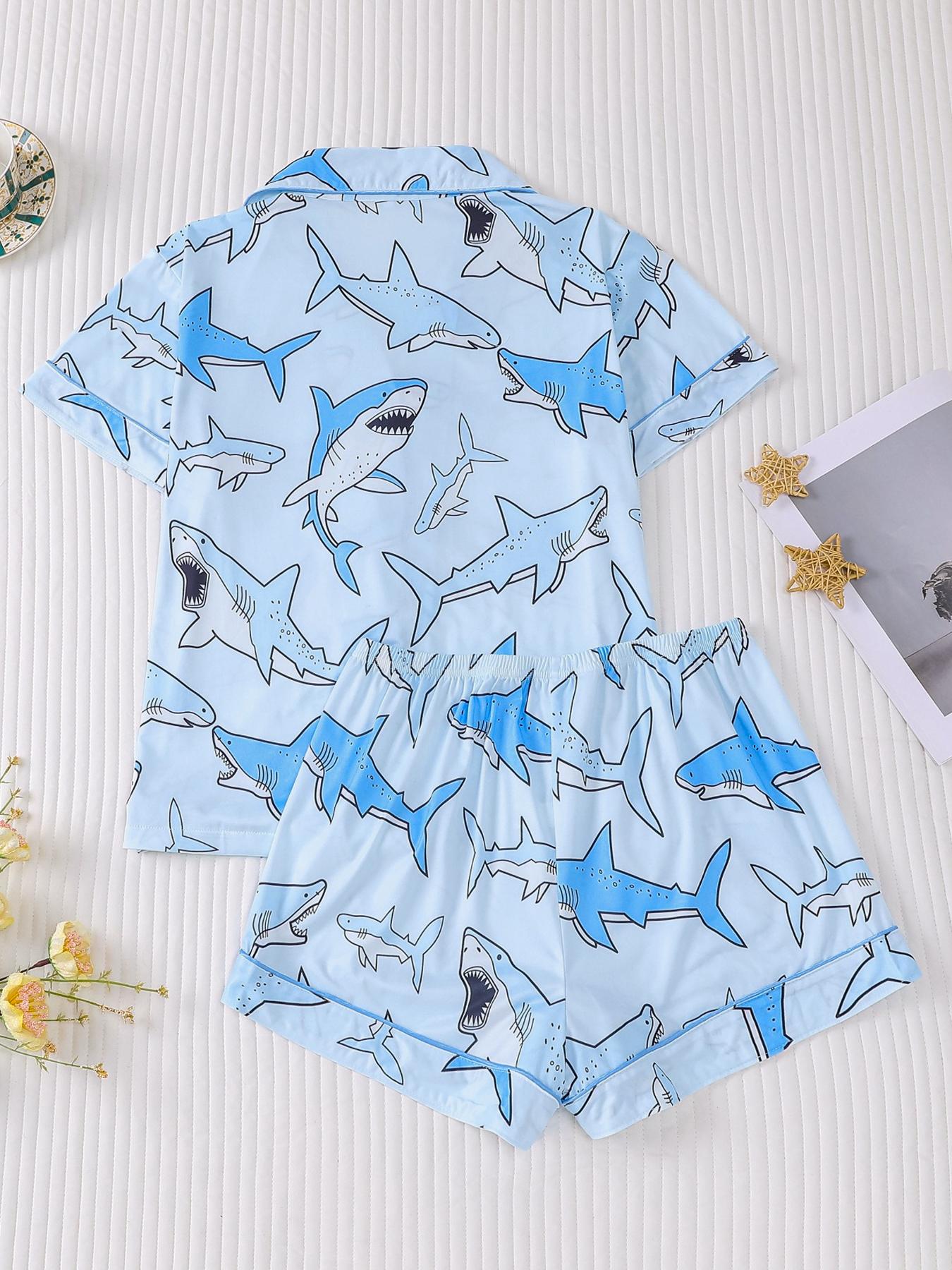 Women's All Over Animal Print Crop Shirt & Elastic Waist Shorts Pyjama Two-piece Set, Casual Comfy Short Sleeve Top & Shorts Pj Set, Ladies Sleepwear for All Seasons