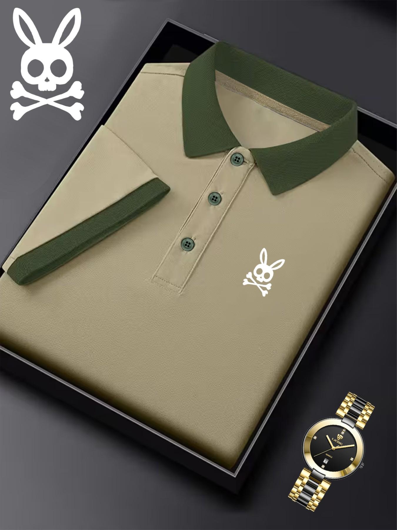 Men's Ff4370 Skull Rabbit Print Polo Shirt, Casual Fitted Short Sleeve, Breathable Elastic Fabric, All-Season Wear, Style