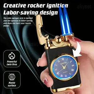 Windproof Lighter with Vintage Analog Clock Face, Black Ice Retro Design, Adjustable Blue Flame Butane Lighter (Butane Not Included), Refillable Windproof Torch Lighter for Camping Hiking Gifts for Men