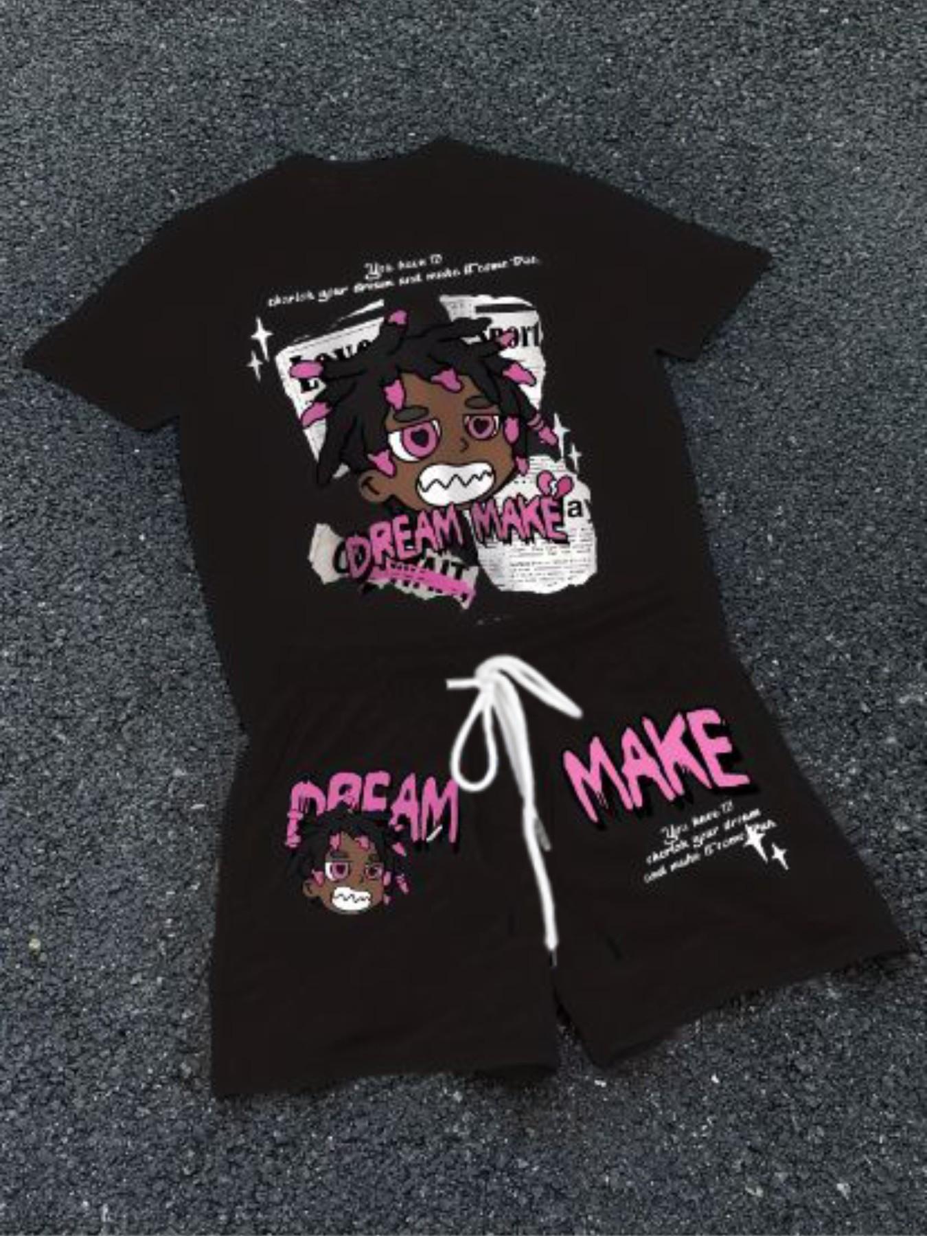 Summer Breathable Two-Piece Set, Cartoon Pattern Round Neck T-Shirt and Drawstring Shorts, Ideal for Outdoor Activities and Backpack Travel