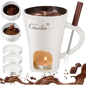 Honeydak Chocolate Fondue Mug with Fork and Candle Sweet Ceramic Personal Chocolate Melting Cup Chocolate Fondue Mug Ideal Gifts for Birthday Date Night Birthday Wedding Gifts (White)