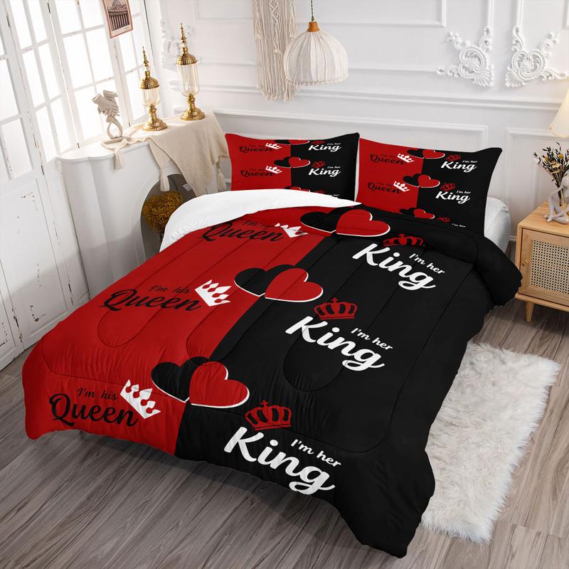 Black and Red Color-blocked Heart-patterned Comforter Set, Decorative Bedding Set with King and Queen Print. Soft, Fluffy, and Warm, Perfect for Beds, Sofas, Offices, and Camping. A Cozy and Comfortable Holiday Gift.