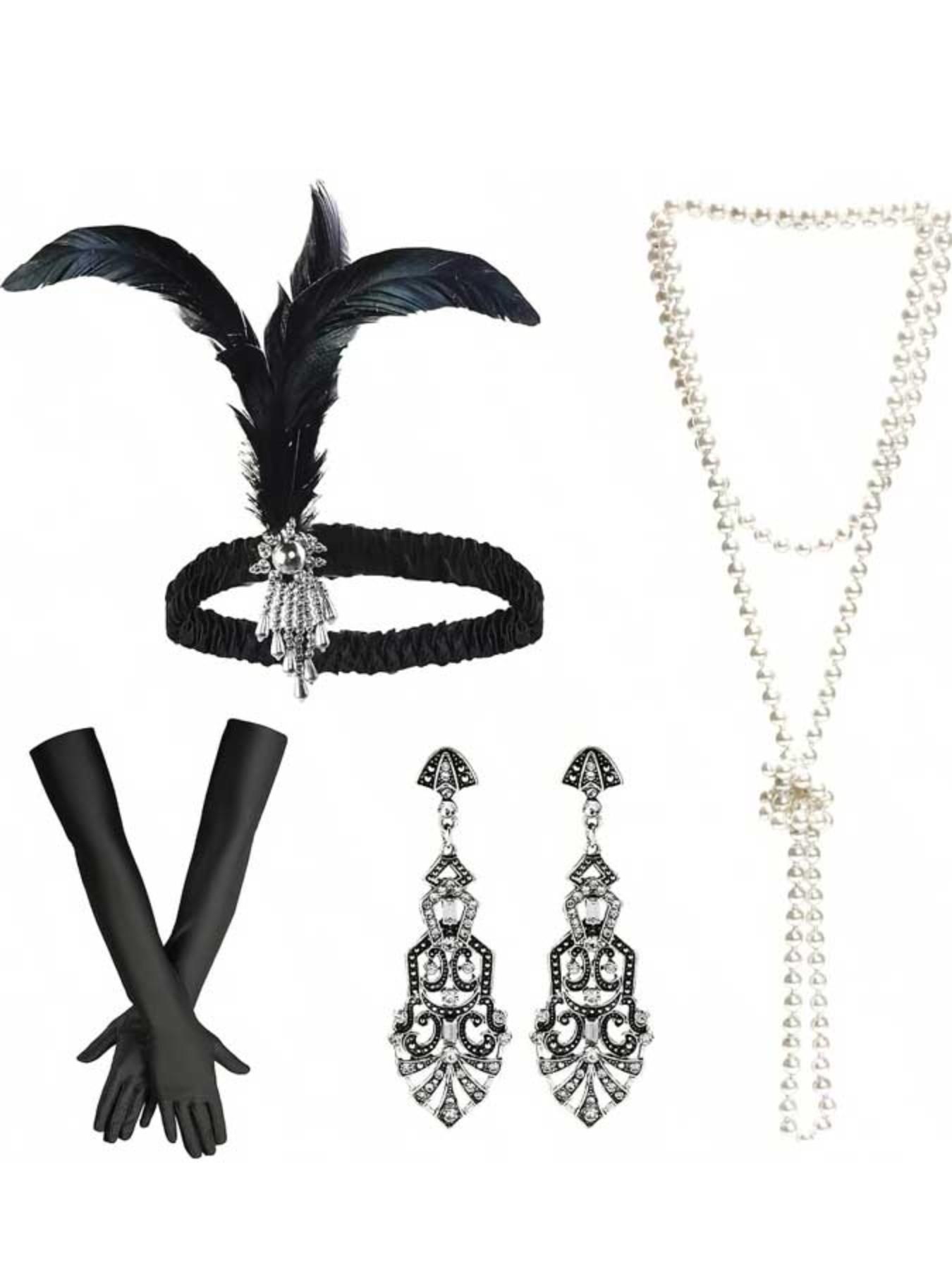 Women Vintage Retro Costume Set Including Hairband Beaded Necklace Earrings Gloves, Perfect for Wedding Party Gift Tea Party Photo Shoot