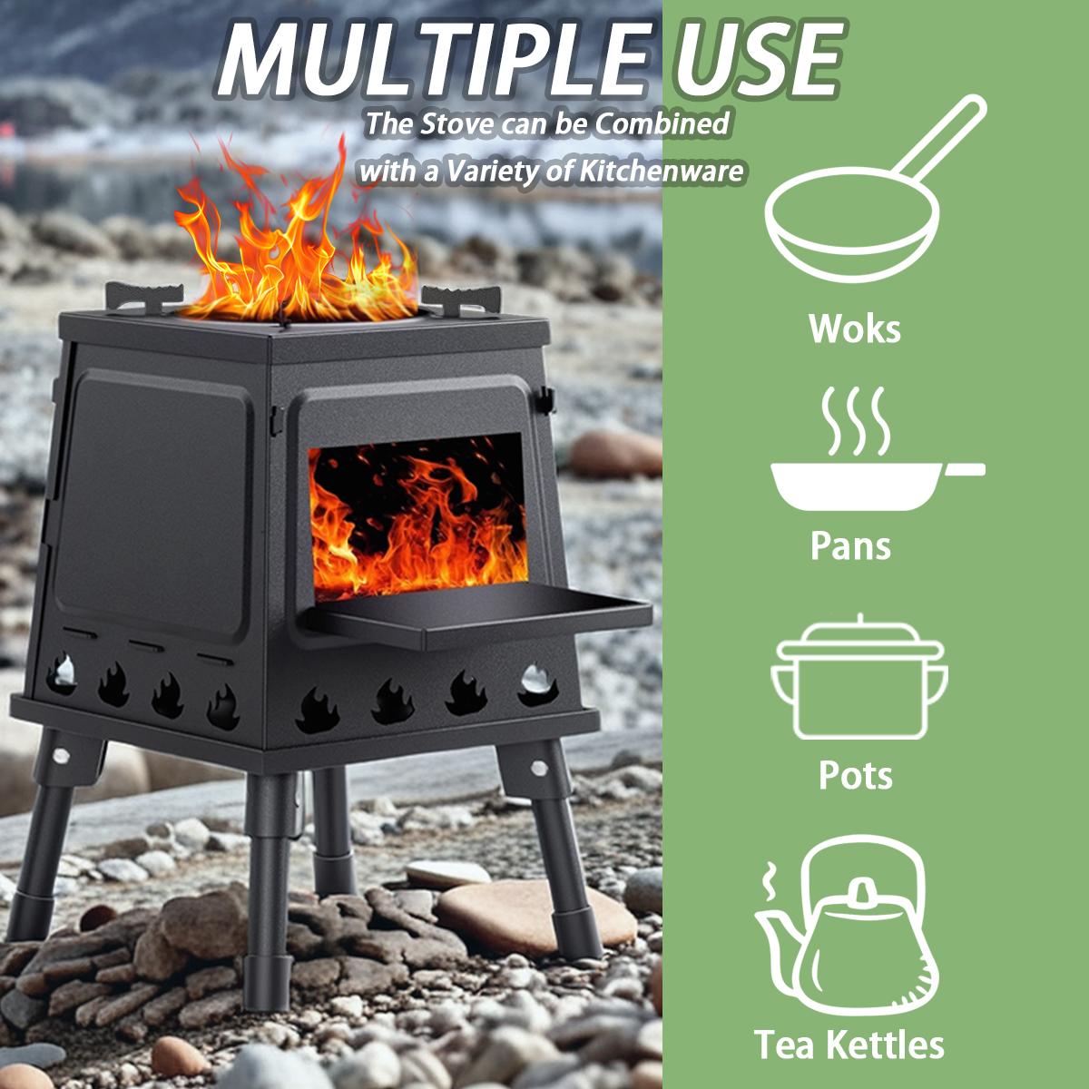 Wood Burning Camp Stove, Portable Cast Iron Wood Stove for Outdoor Hiking Picnic BBQ Travel, Black Camping Kitchenware Woodfire Grill