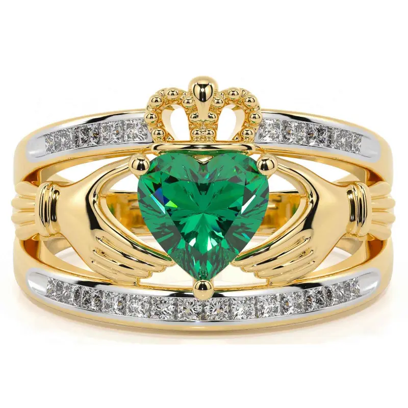 14K Gold Plated Emerald Heart Claddagh Ring Set for Women, Princess Cut CZ Eternity Band Irish Promise Ring, Emerald Green Birthstone Bridal Jewelry Gift