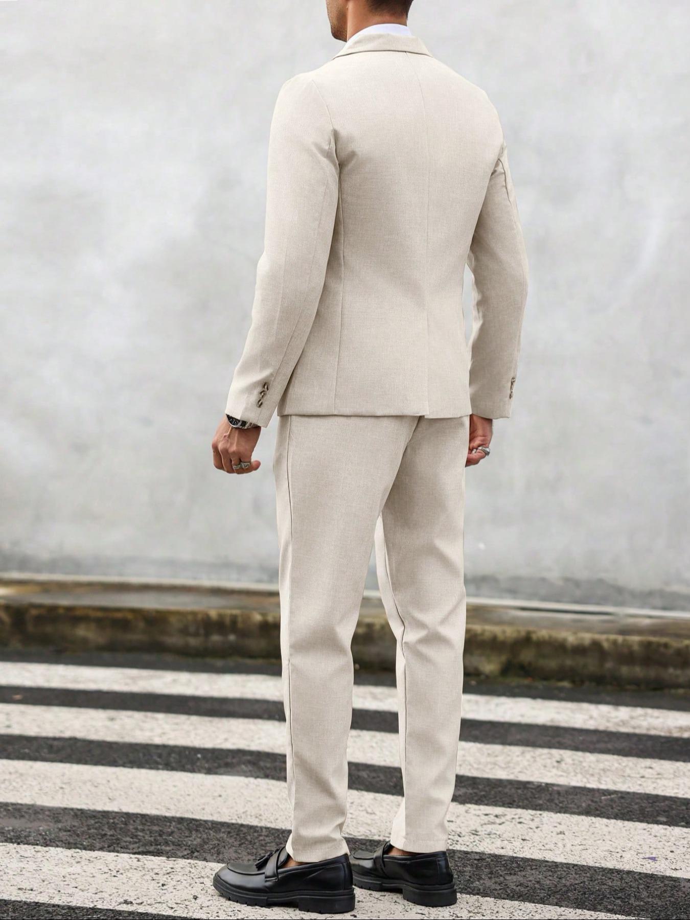 Men's Solid Color Suit Set, Slim Fit Formal Casual Comfy Breathable Business Blazer & Pants for Work Office, Men's Clothing for All Seasons, Menswear