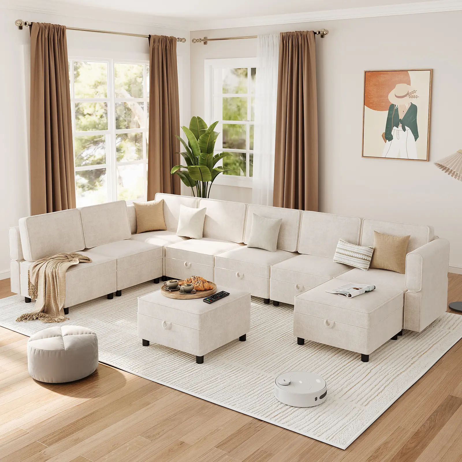 137" L-Shaped Modular Sectional Sofa – Oversized Ottoman with Removable Storage, Chaise & Flexible Module Combination – Upholstered Beige Couch for Living Room