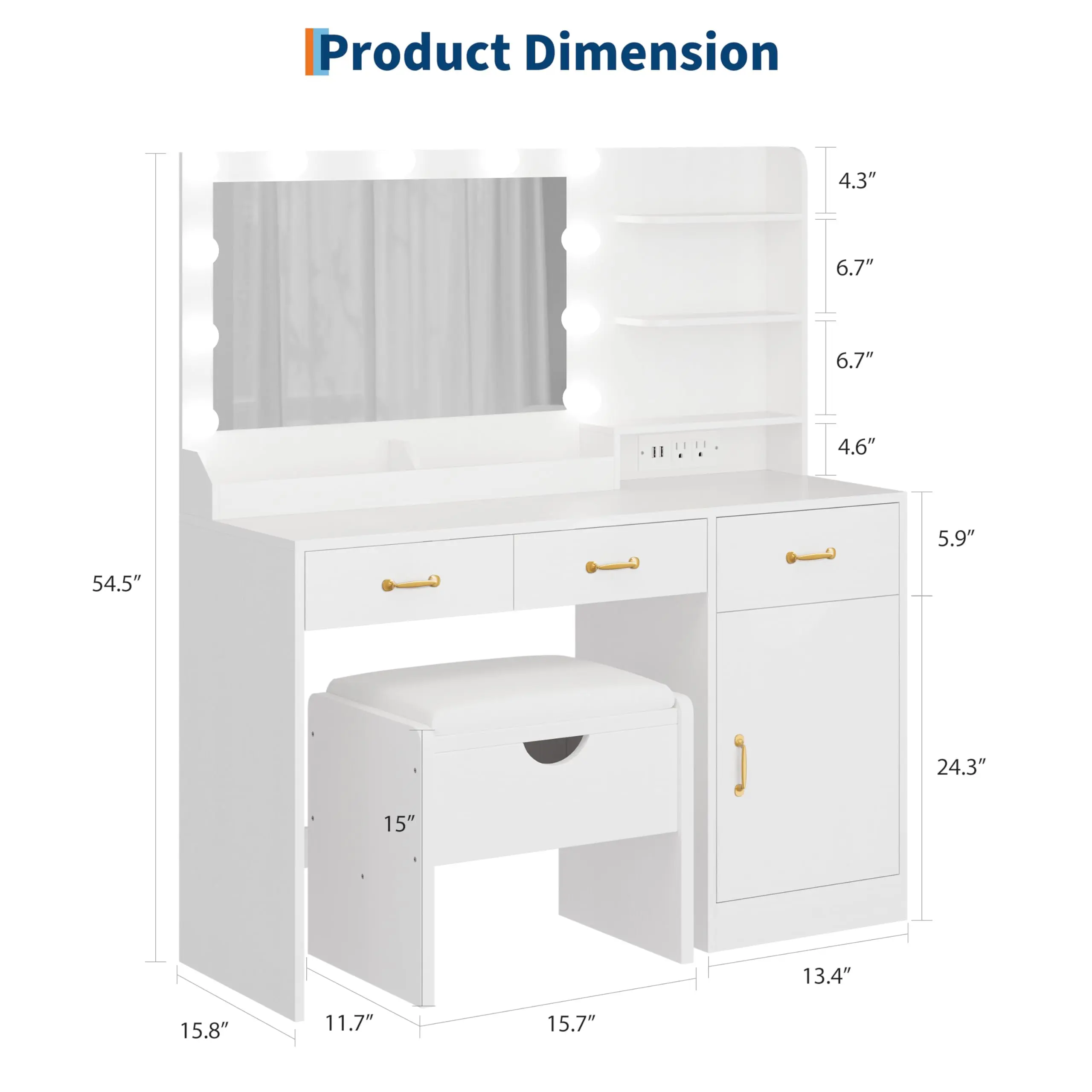 Vanity Table with Illuminated Mirror, USB/AC Charging Ports, Adjustable LED Lighting, Storage Drawers, Compartments, Open Shelves & Cabinet – Dressing Table for Bedroom