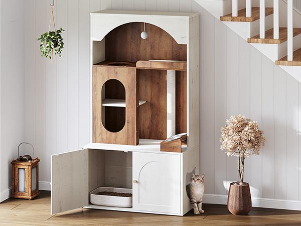 HOOBRO Cat Tree with Litter Box Enclosure, 58.7"H Hidden Cat Litter Enclosure Furniture, All-in-One Modern Cat Tree with Food Bowl, Sisal Scratching Post, and Dangling Ball, White and Walnut