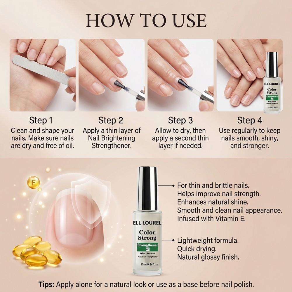 ELL LOUREL Gel Strong Nail Strengthener, 10ml Quick-Dry Nail Hardener & Repair Treatment, for Soft, Fragile & Brittle Nails, Strengthens Nail Beds, Prevents Brittle & Breaks with Long-Lasting Protection, Salon-Quality Finish, Daily Nail Care Serum Oil.