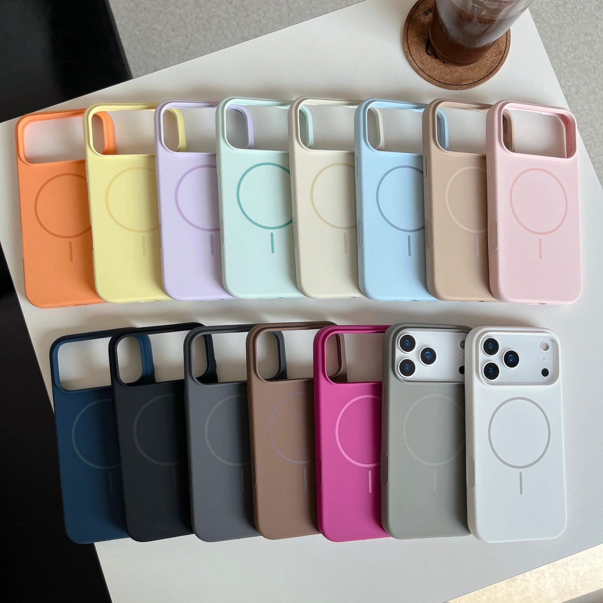 Orange thin circle magnetic suction camera button, all-inclusive, suitable for Apple 17promax mobile phone case, liquid silicone iPhone17 r skin feeling 17pro simple solid color, soft waxy 17 large holes 16