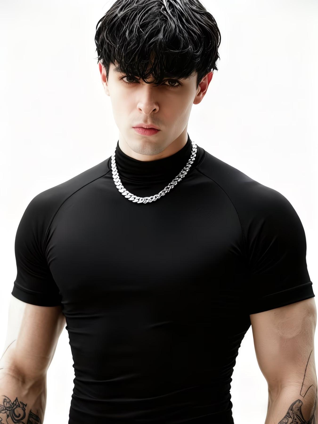 Men's Professional Fitness High Neck T-Shirt, Sporty Style, High Elasticity, Quick-Dry, Breathable, Slim Fit, Ideal for Gym Training