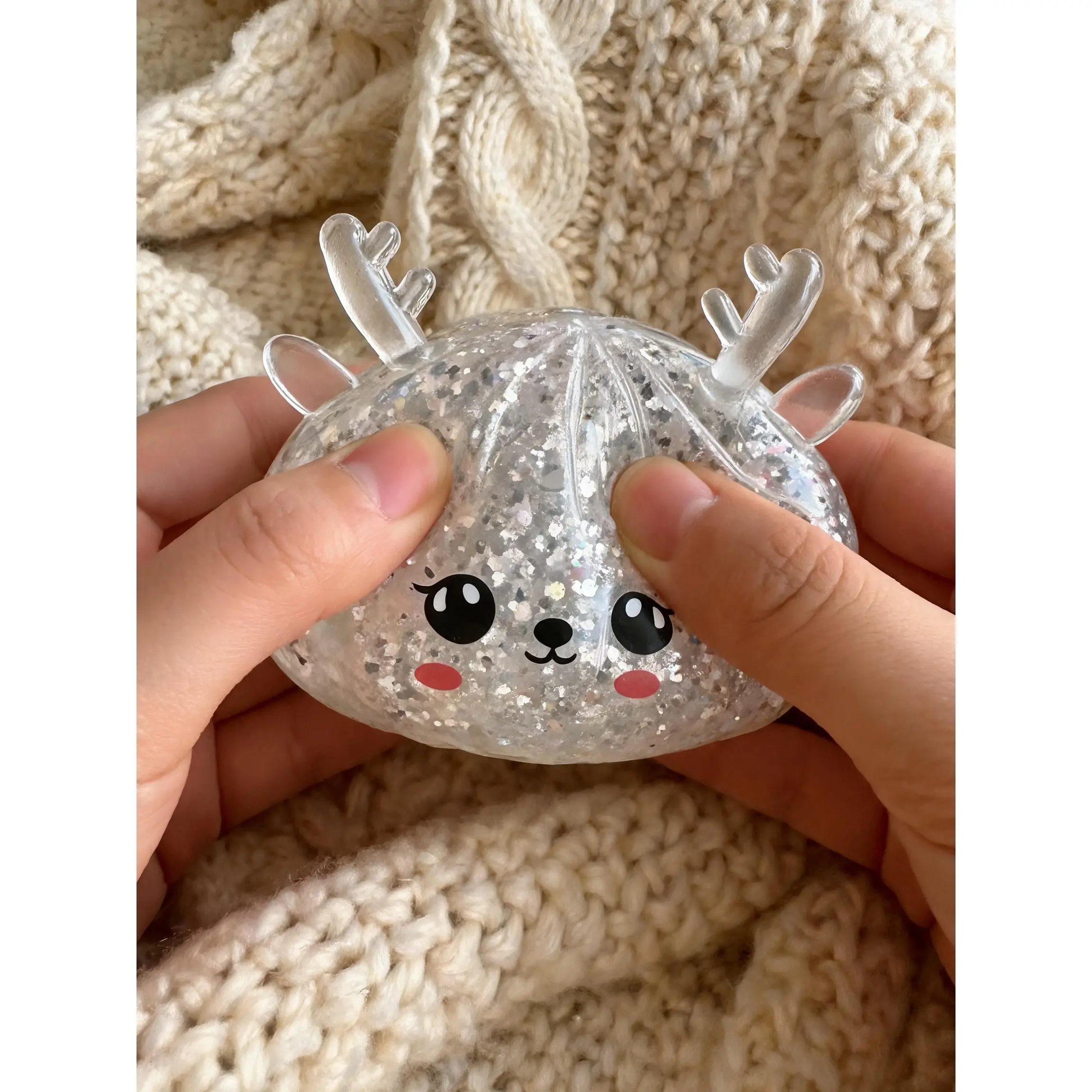 Kawaii Christmas Elk Fidget Squishy, Sparkly Glitter Squeeze Toy, Cute Holiday Anxiety Relief Desk Decor for Christmas Gift