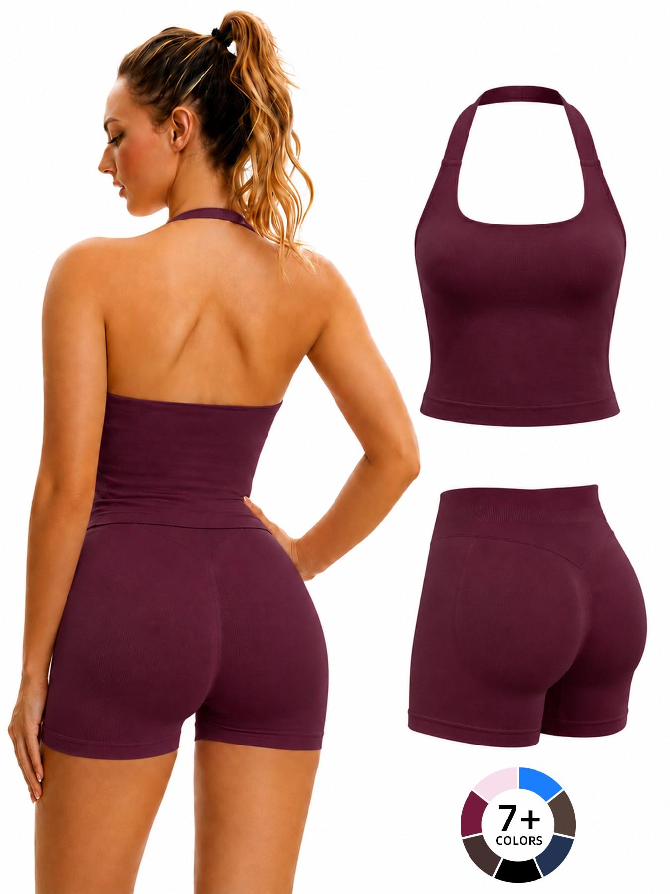 Women's Halter Tank Top and Shorts Set, Seamless Shaping Summer Gym Wear, High Waist Elastic Support Yoga Workout Outfit