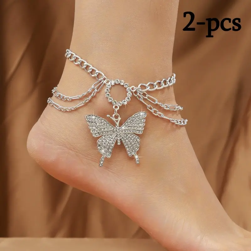 2-pcs Ankle Bracelets | Viral Gothic Punk Multi Layer Big Butterfly Anklet for Women, Edgy Stacked Ankle Chain Foot Jewelry, Adjustable Lobster Claw Anti-tarnish Alloy, Ideal for Street Outfits, Beach Trips, Club Parties & Daily Trendy Matching