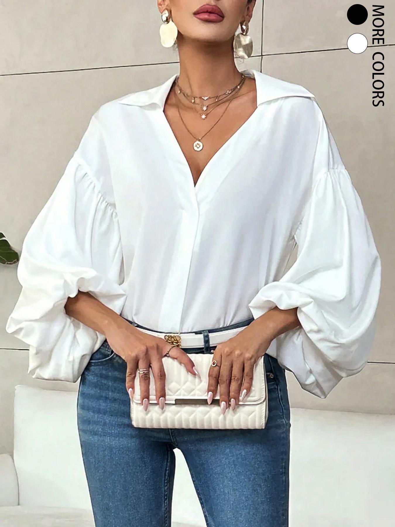 Women's Casual Versatile V-Neck Puff Shirt，Long Sleeves Solid Color Blouse , Stylish and Comfortable, Perfect for Daily Wear, Ladies Fashion Essential