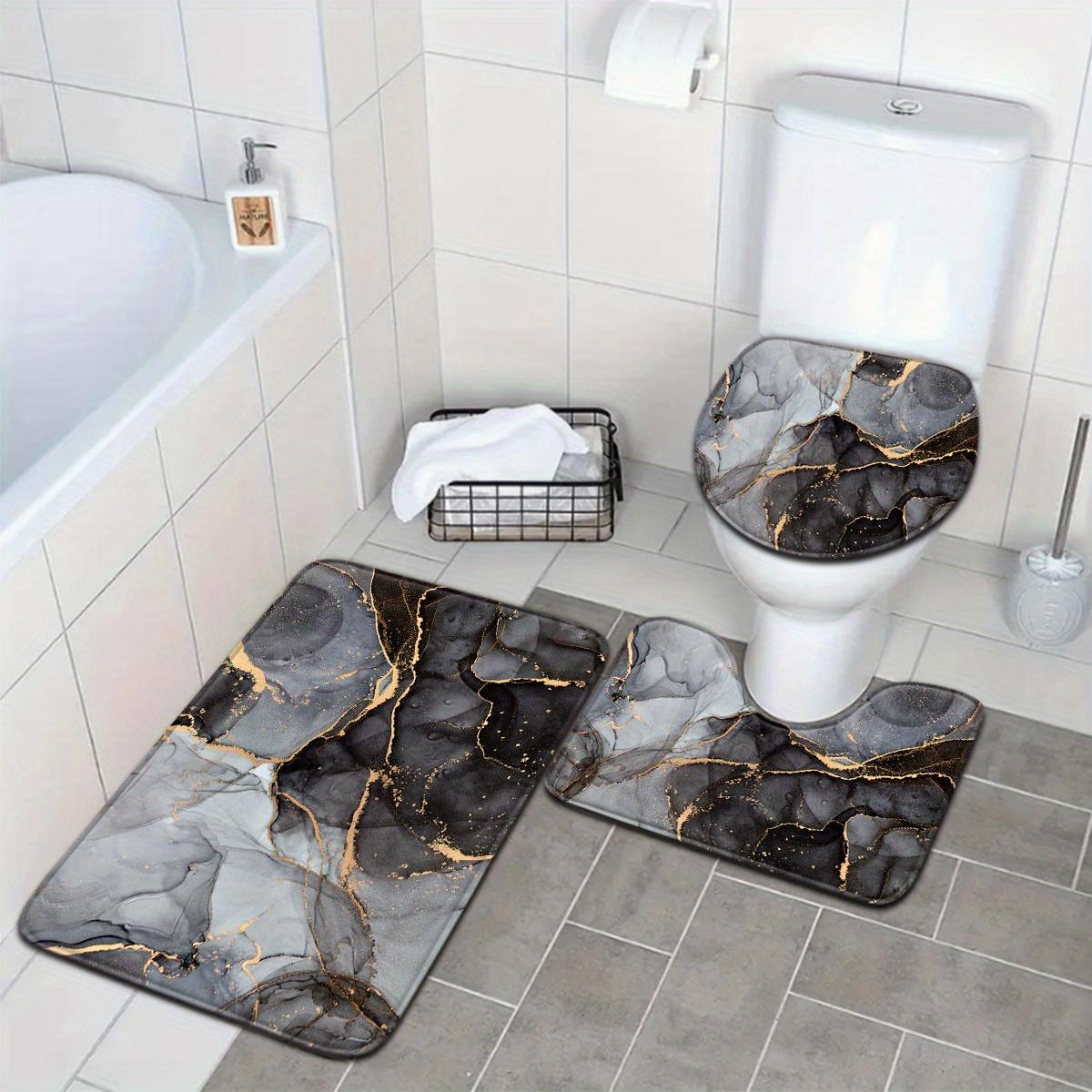 3-Piece Modern Art Black Gray Gold Marble Bath Mat Set, Flannel Non-Slip Absorbent Rug, Toilet Lid Cover & U-Shape Pad
