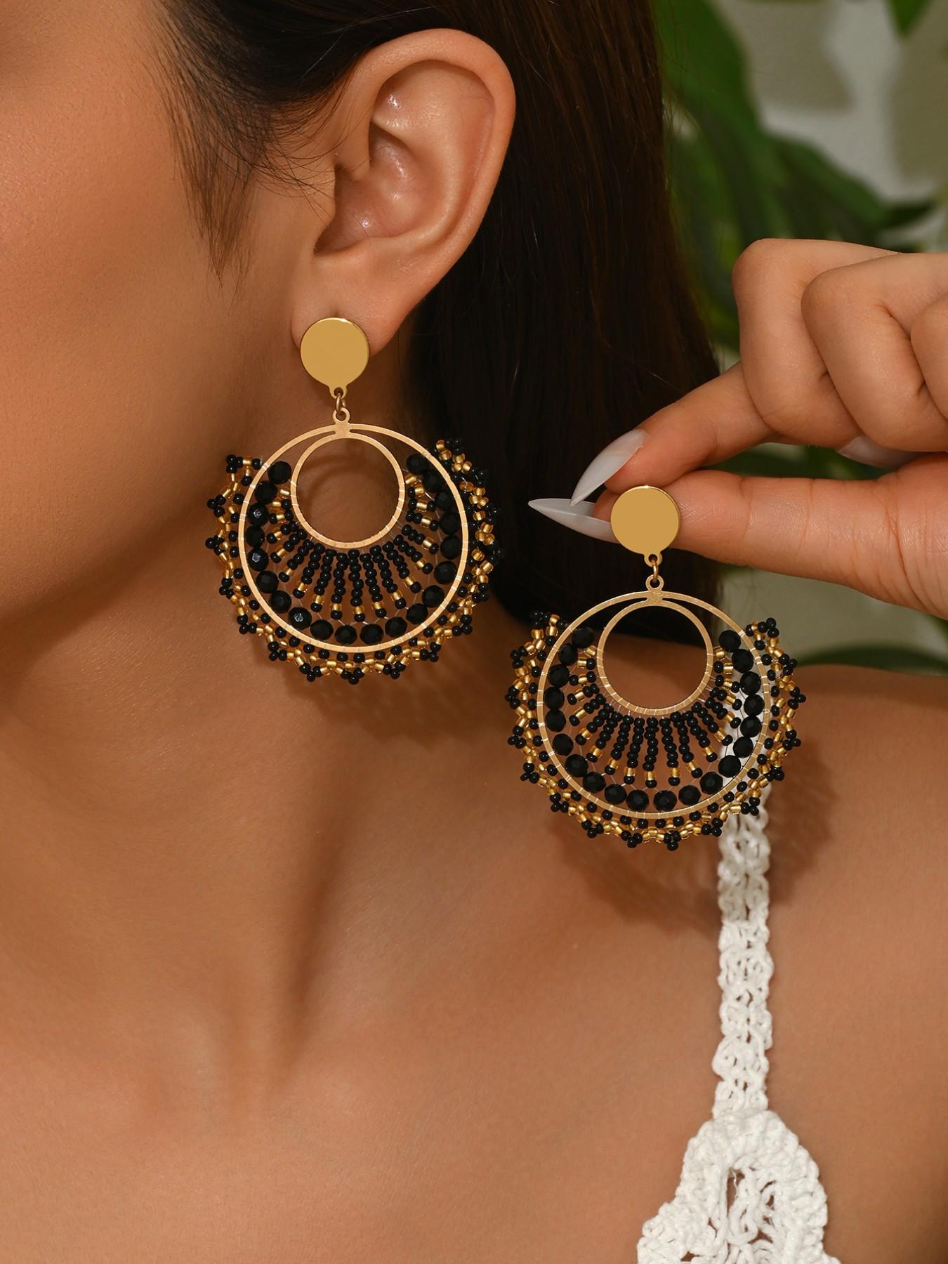 1 pair Boho Style Handmade Beaded Dangle Earrings, Vintage Ethnic Multicolor Jewelry, Perfect for Weddings, Parties, Festivals, Gifts