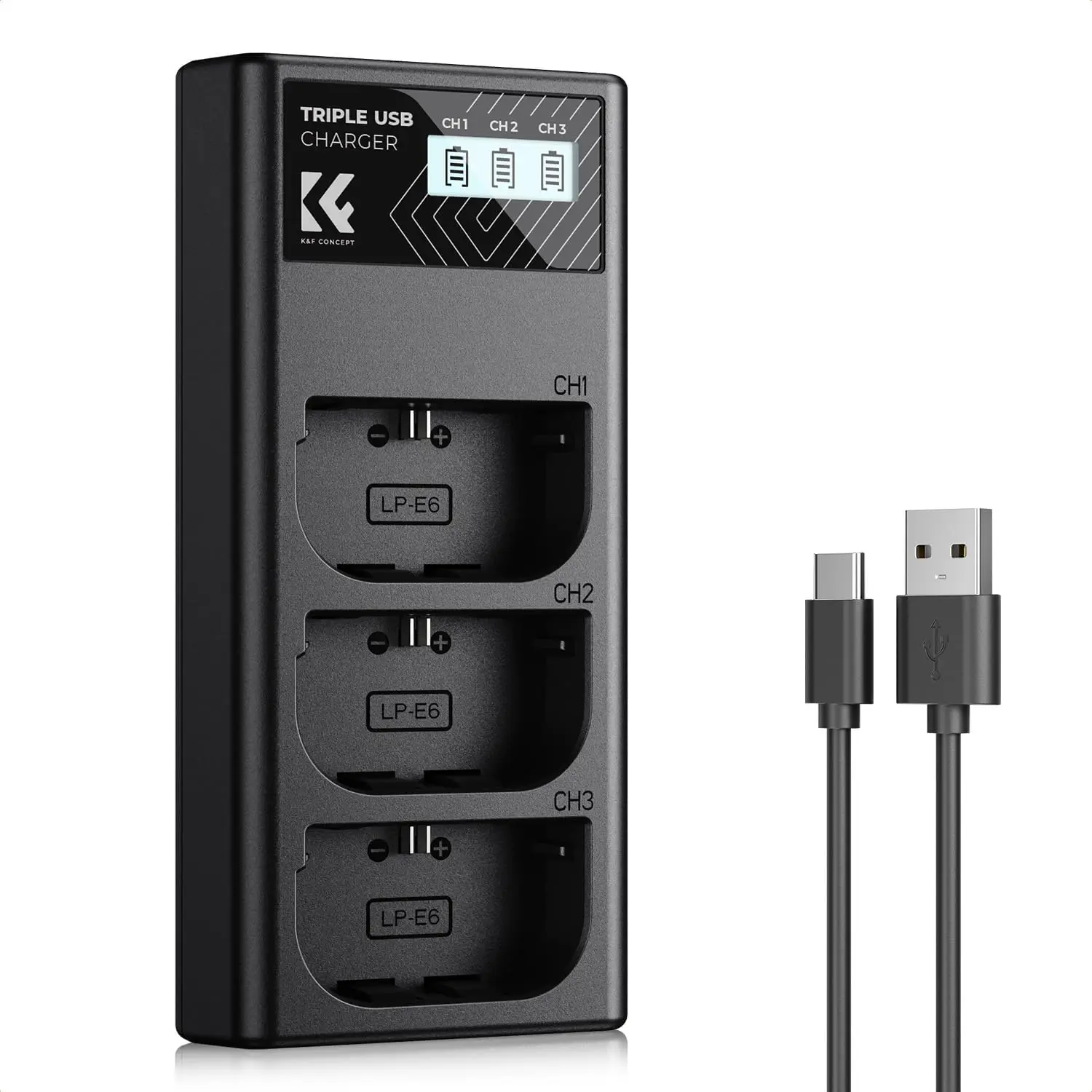 K&F CONCEPT LP-E6NH 3-Slot Charger, LP-E6 LP-E6N Battery Charger with LCD Display for Canon EOS R5 R6 R7 5D 6D 7D Mark II Cameras