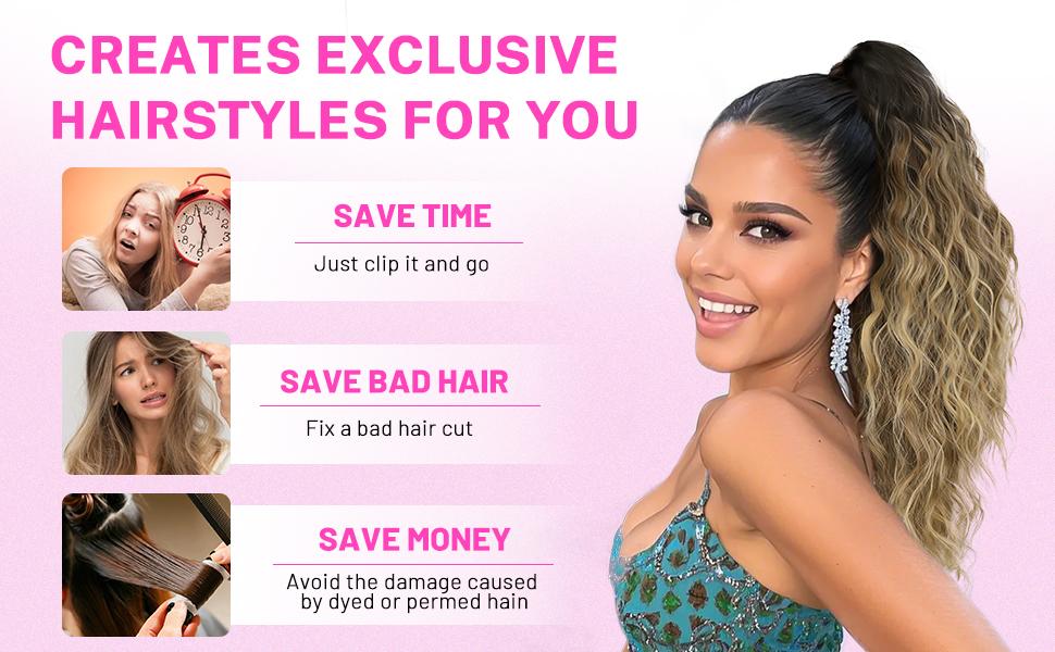 ORSUNCER Ponytail Extension 18" Curly Pony Tail Clip in Claw Short Ponytail Fluffy Natural Looking Synthetic Hairpiece for Women Easy To Go