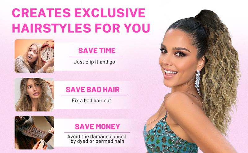 ORSUNCER Ponytail Extension 18" Curly Pony Tail Clip in Claw Short Ponytail Fluffy Natural Looking Synthetic Hairpiece for Women Easy To Go