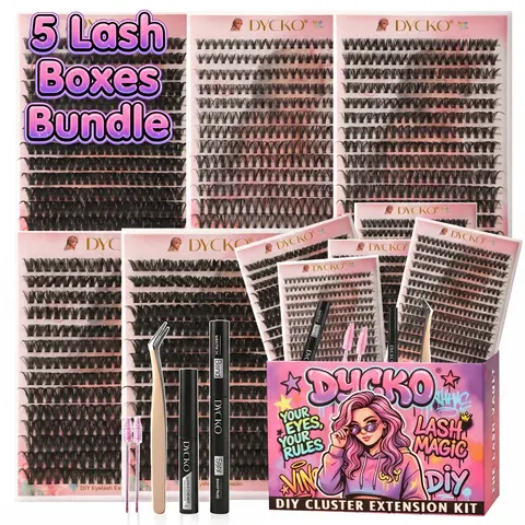 DYCKO 1400-1728Pcs DIY Eyelash Extension Synthetic Lashes Gift Box, 5 Best-Selling Styles & 30D-100D Cluster Lash Kit with Glue Remover, Birthday Gifts for Girls