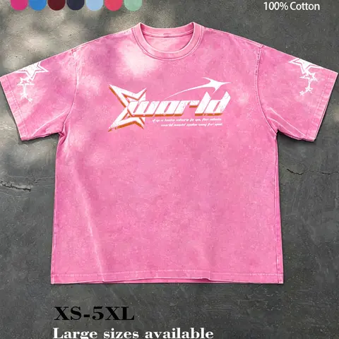 Unisex Street-Style Short-Sleeved T-Shirt Streetwear, Casual Cotton Tee, Summer American Retro Vibe, Loose Fit, High-Quality Cotton, with “Xworld” Logo & Star Pattern, for Campus, Hip-Hop & Everyday Wear