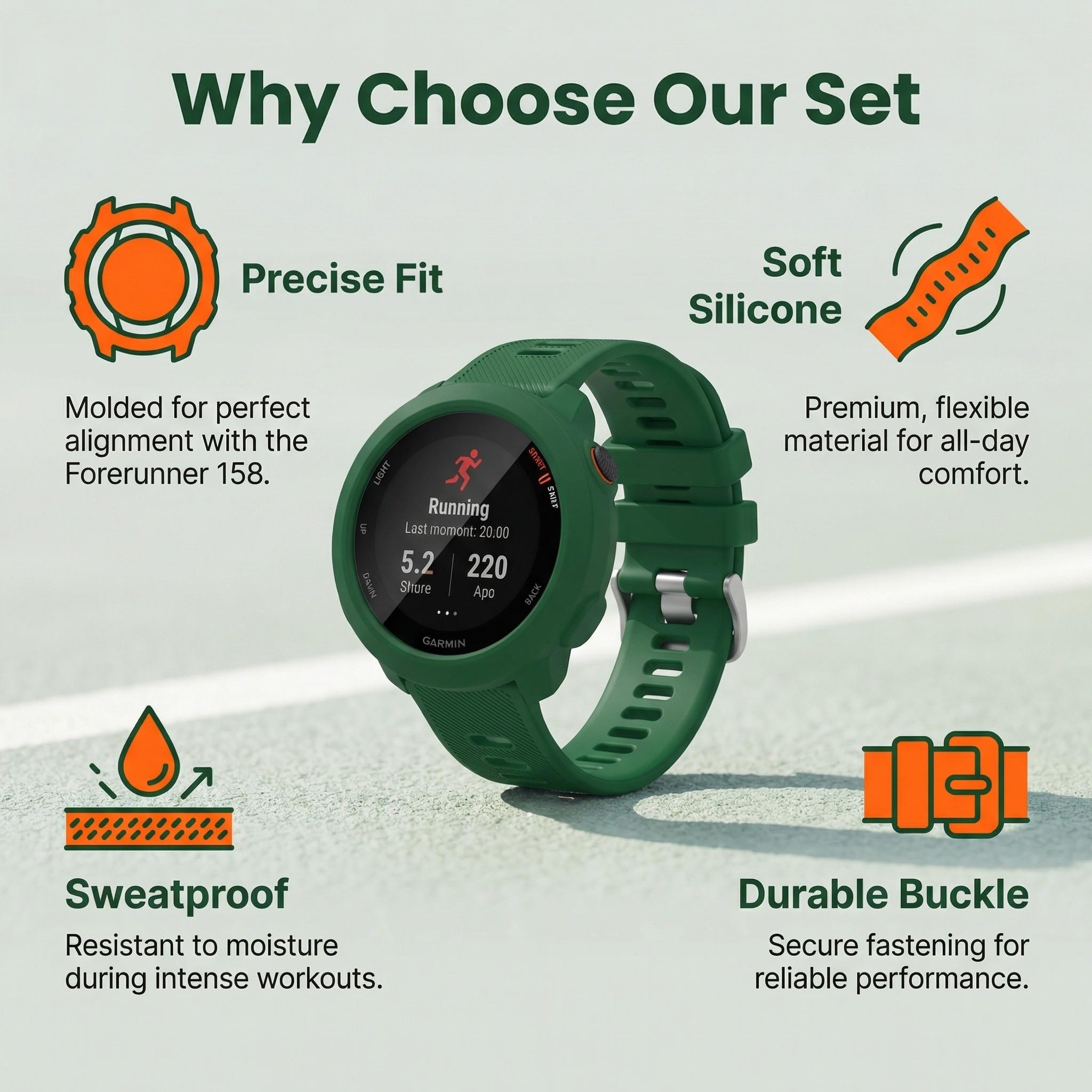 Silicone Watch Band and Case for Garmin Forerunner 158, Soft Skin-Friendly, Waterproof, Multiple Colors, Unisex, Sporty and Casual