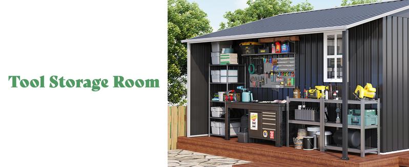 [Ships in Multiple Boxes]  VanAcc Outdoor Storage Shed with Two 4-Pane Windows Sliding Doors, Open Outdoor Shed for Wood Storage, Dark Grey/White