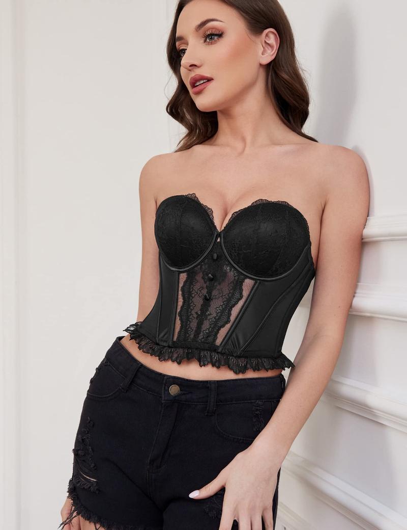 Wingslove Fashion Women's Strapless Bra Longline Lace Bustier Corset Push Up Boned Underwire Sexy Sheer Mesh Lace Trim Low Back Bra