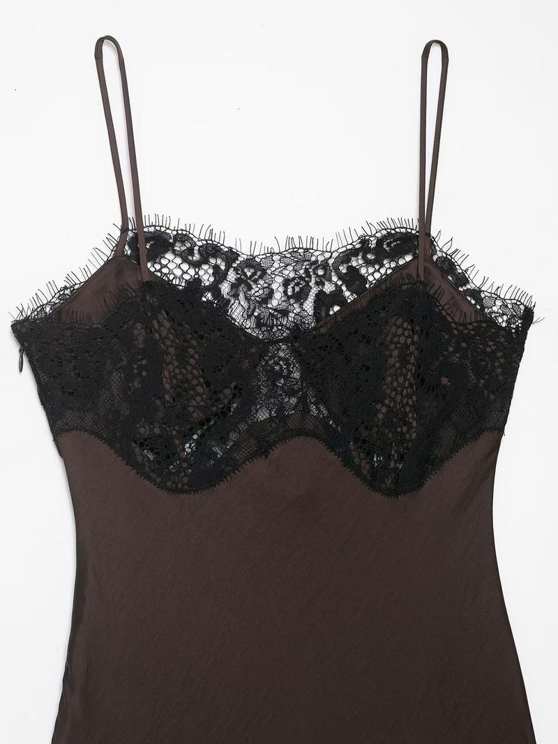 Women's Asymmetric Lace Satin Midi Dress, Chocolate Olive Thin Straps, Lace Trim and Silk Aesthetic, Spring Summer Fashion