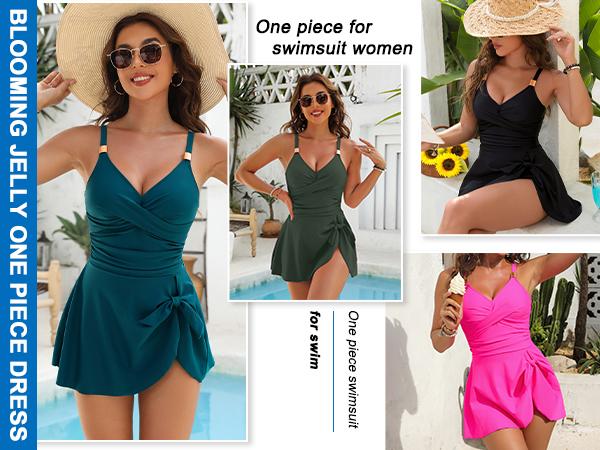 Blooming Jelly Gold Metal Tie Knot One Piece Swimsuit Womens Tummy Control Swim Dress Tankini Outfit Summer Swimdress