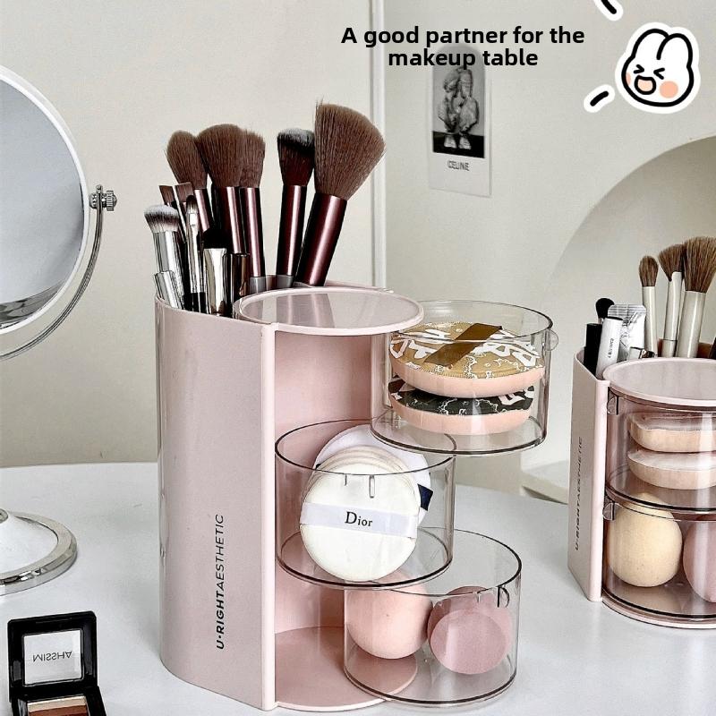 Rotating Dustproof Makeup Sponge Holder, Multi-Layer Lipstick Brush Organizer, Desktop Cosmetic Stand, Beauty Egg Air Cushion Rack