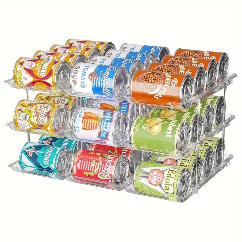 Large Capacity Can Organizing Rack for Food Storage, Transparent Plastic 2-Layer Rolling Soda Can Holder, Space Saving Food Organizer