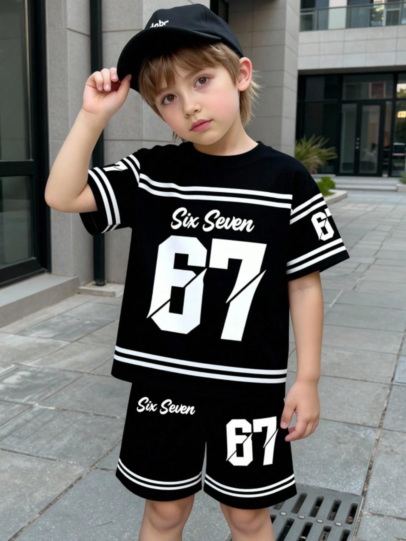 Trendy Sports Style Boys' Set, Number 67 Print, Streetwear Aesthetic, Casual Fitted Suit, All over Print, No Button, No Collar, No Zipper, Shorts