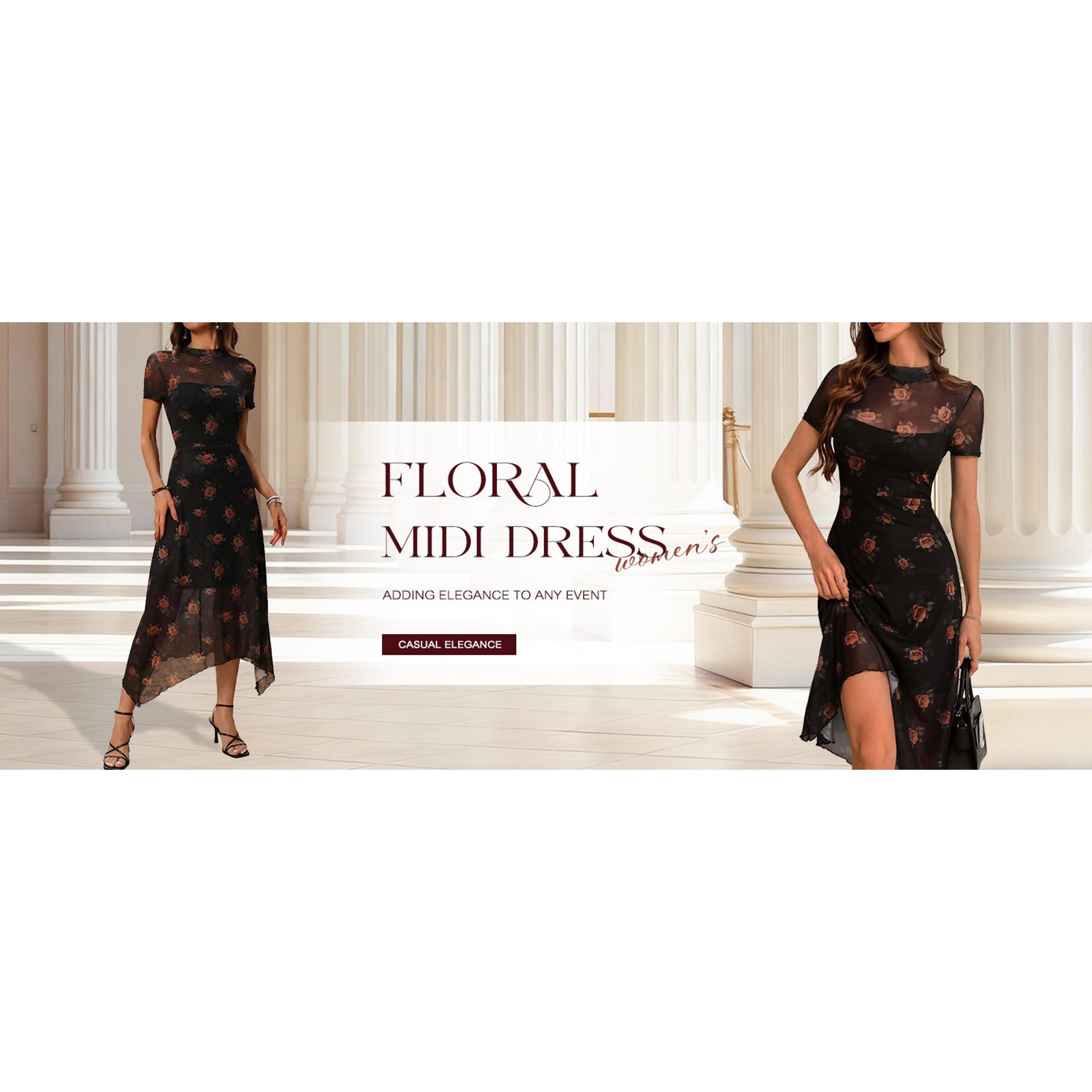 Women's Vintage Goth Midi Dress - Floral Print, Mesh Spliced, Double-Layered, Irregular Hemline, Flower Accent, Slim Fit, for Wedding Guests, Party, Casual, Everyday Wear