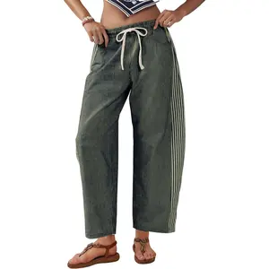 Women's Baggy Wide Leg Jeans Mid Rise Barrel Denim Ankle Pants Casual Striped Pull On Drawstring Trousers with Pockets