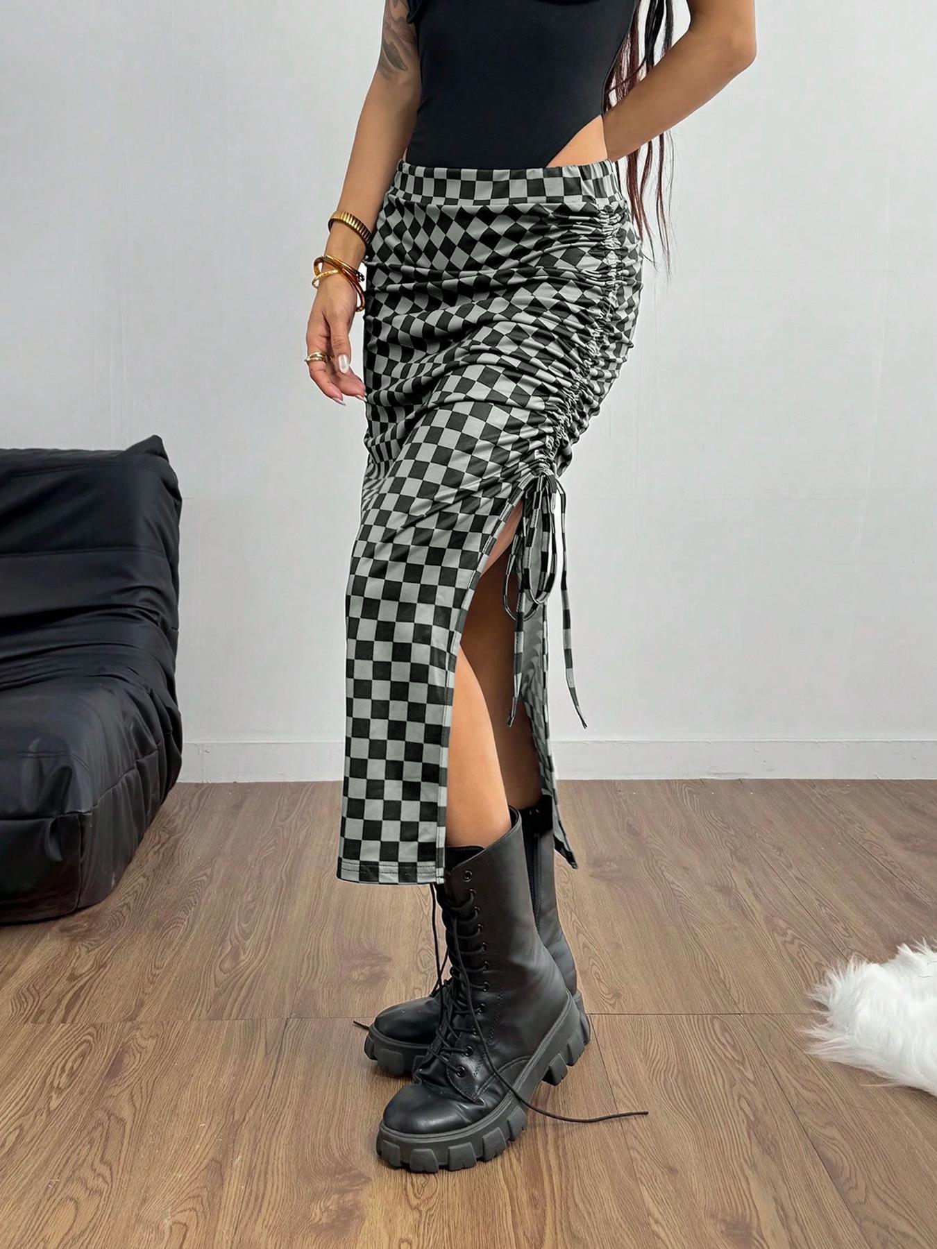 Women's Plaid Drawstring Waist Skirt, Casual Sporty Split Design, Slim Fit Half-Length Skirt for Daily Wear & Outdoor Activities