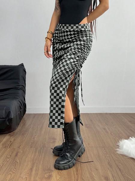 Valentine's Day Women's Plaid Drawstring Waist Skirt, Casual Sporty Split Design, Slim Fit Half-Length Skirt for Daily Wear & Outdoor Activities