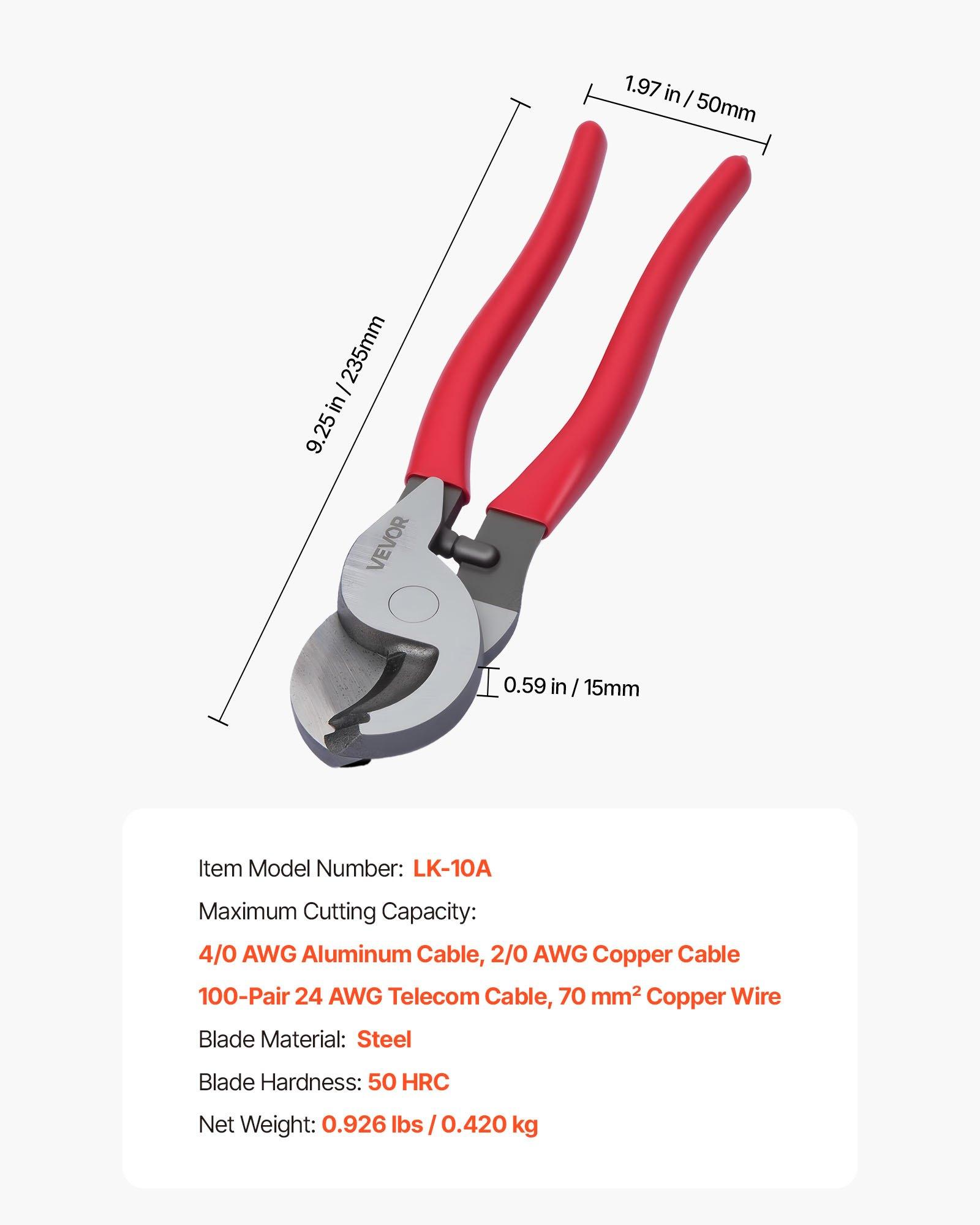 VEVOR High Leverage Cable Cutter, 9-1/4 in Compact Cutting Pliers, Forged Blades, PVC-Coated Handles, Heavy Duty Tool for 4/0 AWG Aluminum, 2/0 AWG Soft Copper, 100-Pair 24AWG Comm Cables, Pvc Handles
