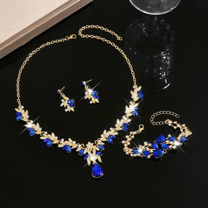 Eco-Friendly Fashion Jewelry Set - Shimmering, Stylish Flowers Crystal Water Drop Bridal Necklace, Earrings & Bracelet, Flowers Jewelry Sets, Shimmering Jewelry Sets