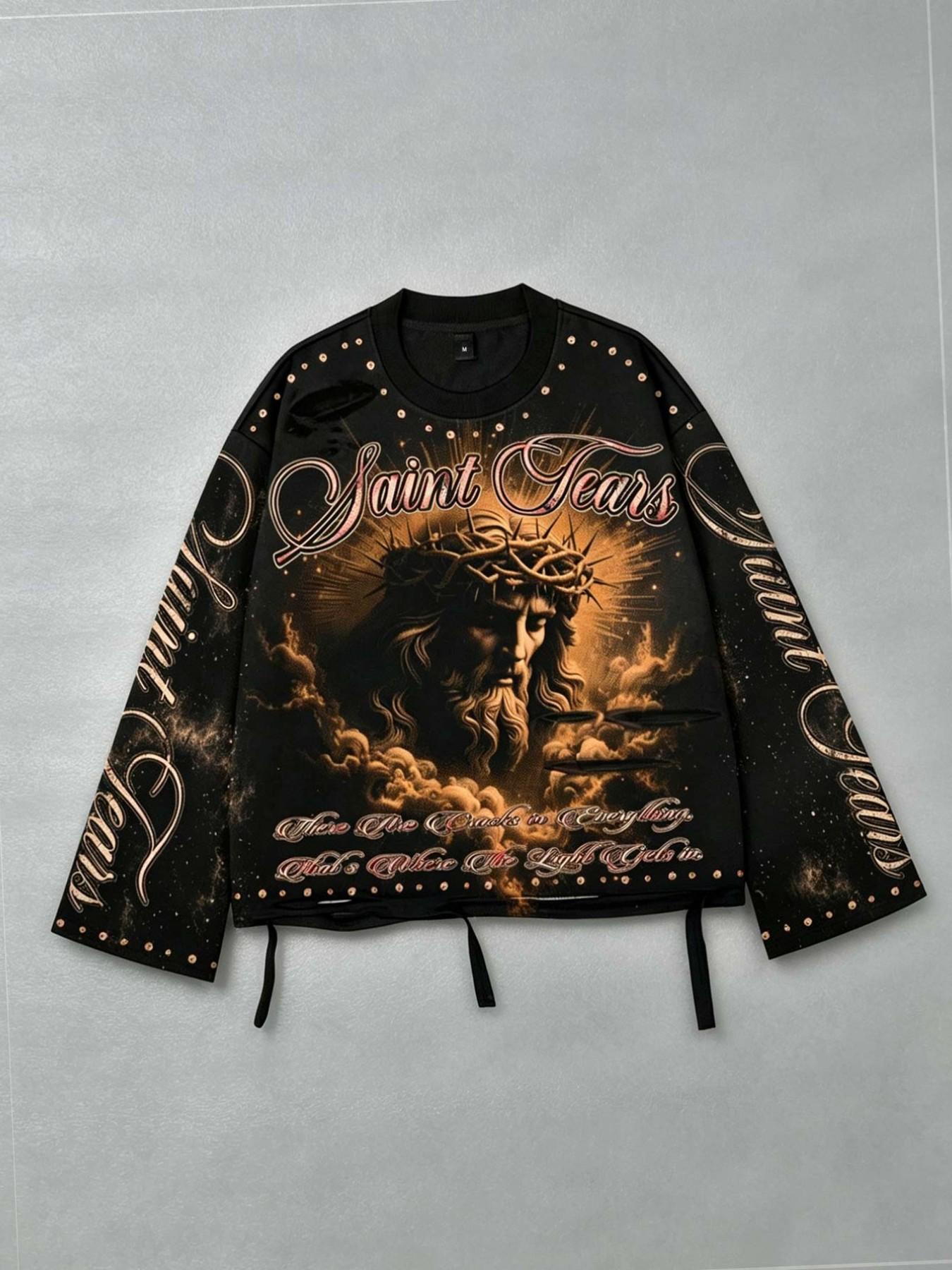 Retro-style Jesus Print Men's Long Sleeve T-Shirt Hoodie, Streetwear Brand Fashion Long Sleeve Shirt Flared Hem, Ripped Hem Design, Unisex Loose Fit Spring/Autumn 2026 New Arrivals in American Vintage Jesus Religious Theme