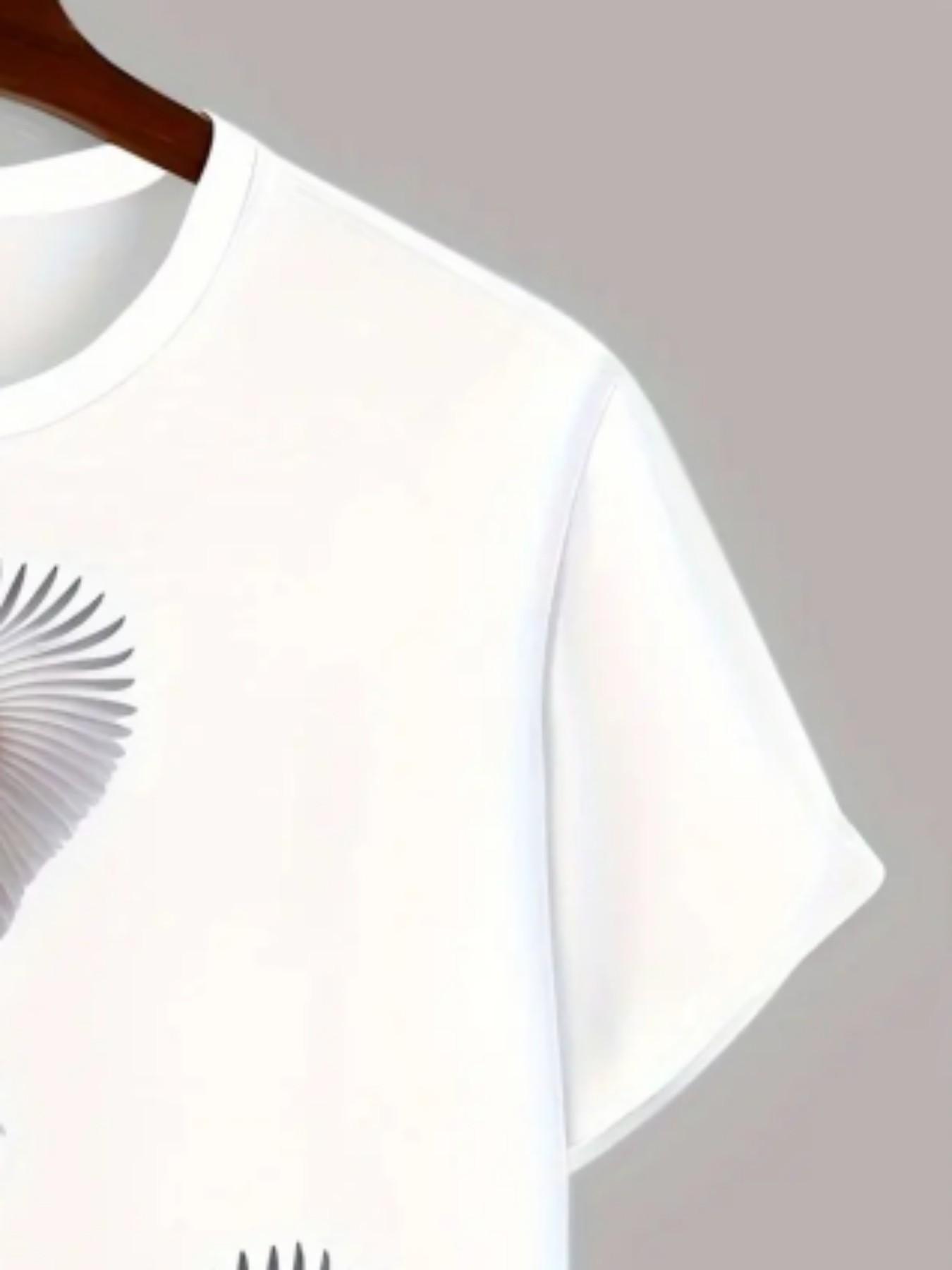 Men's Crane Cherry Blossom Print T-Shirt, Japanese Style Floral Bird Streetwear Round Neck Short Sleeve Top, Sporty Loose Fit